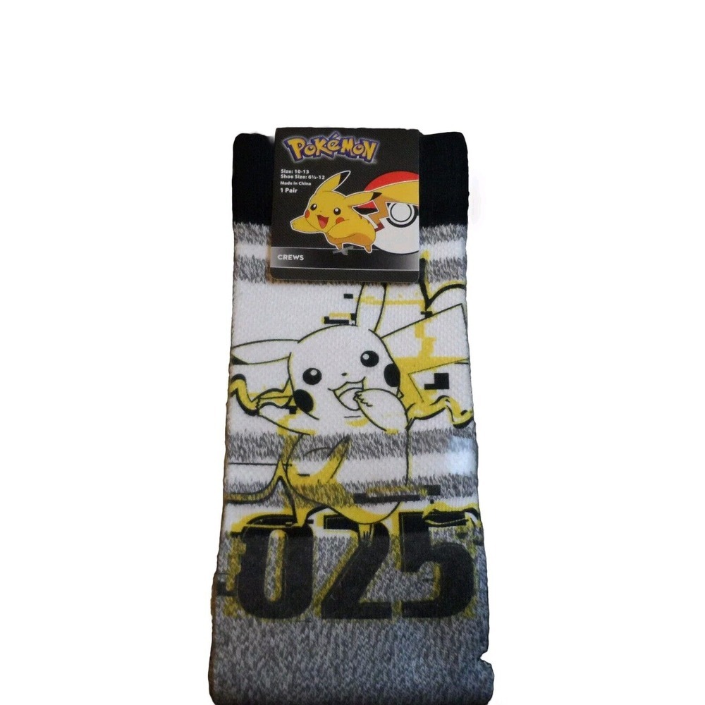 Pokemon Pikachu Crew Socks 1‎ Pair Shoe Size 6.5-12 25TH Anniversary